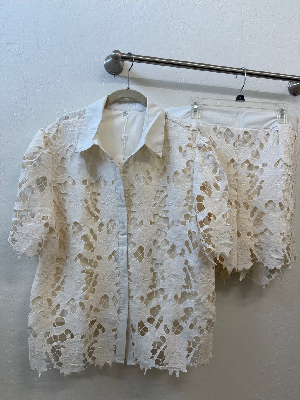 High-Waist Lace Cutout Short Set In Cream